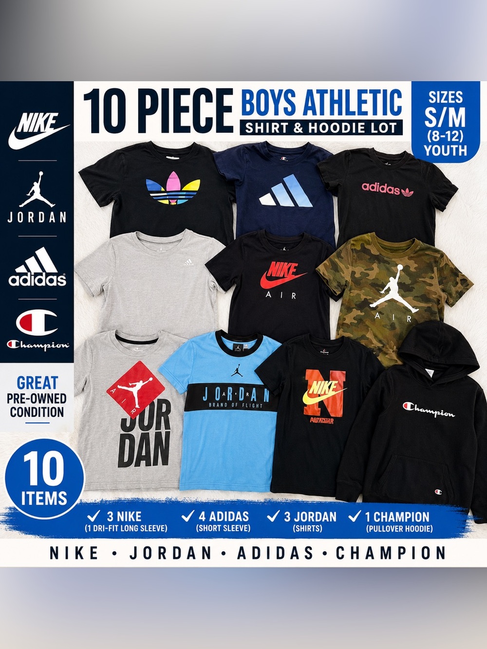Nike Jordan Adidas Boys Shirt Hoodie Lot 10 Pc Youth S M 8,10,12 .